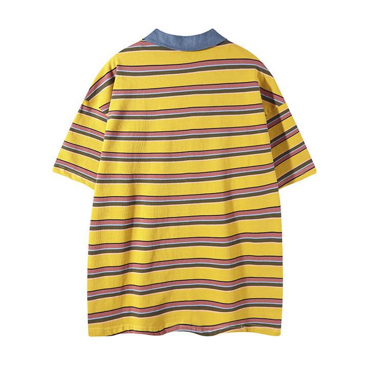 Cowboy patchwork Polo collar striped short sleeved shirt