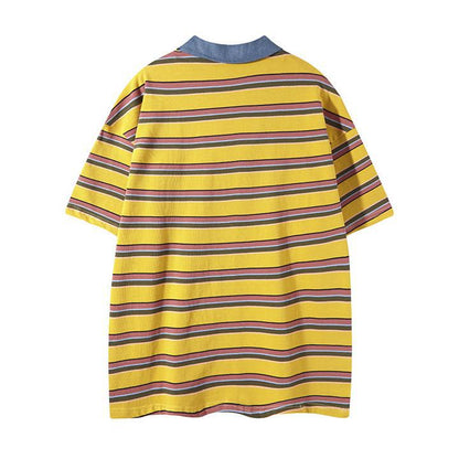 Cowboy patchwork Polo collar striped short sleeved shirt