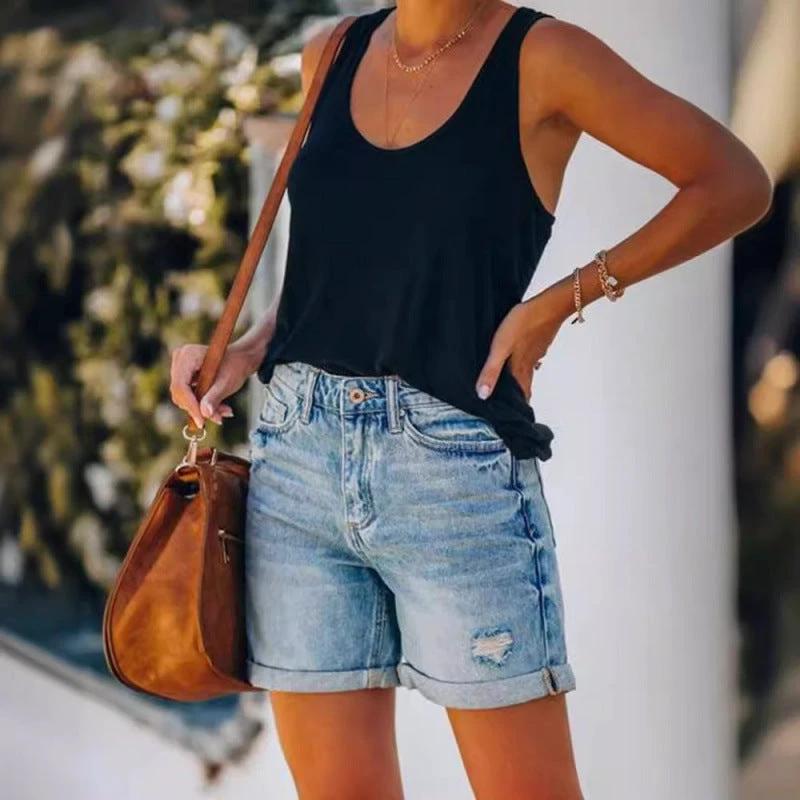 Fashion Street Style Rolled Hem Distressed Straight Leg Women's Denim Shorts by eprolo