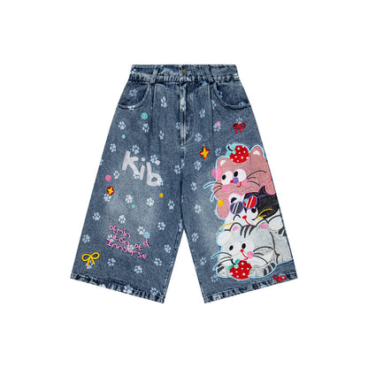 Pantalones cortos vaqueros con dibujos de gatos