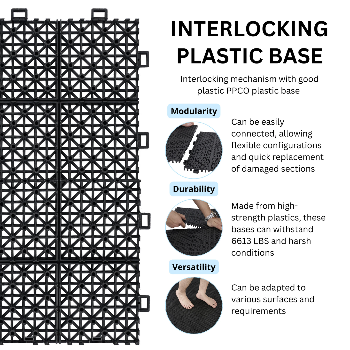 12 x 12 inch black interlocking deck tiles, plastic waterproof, weighing up to 6613 pounds, with a rose pattern pack of 12 by eprolo