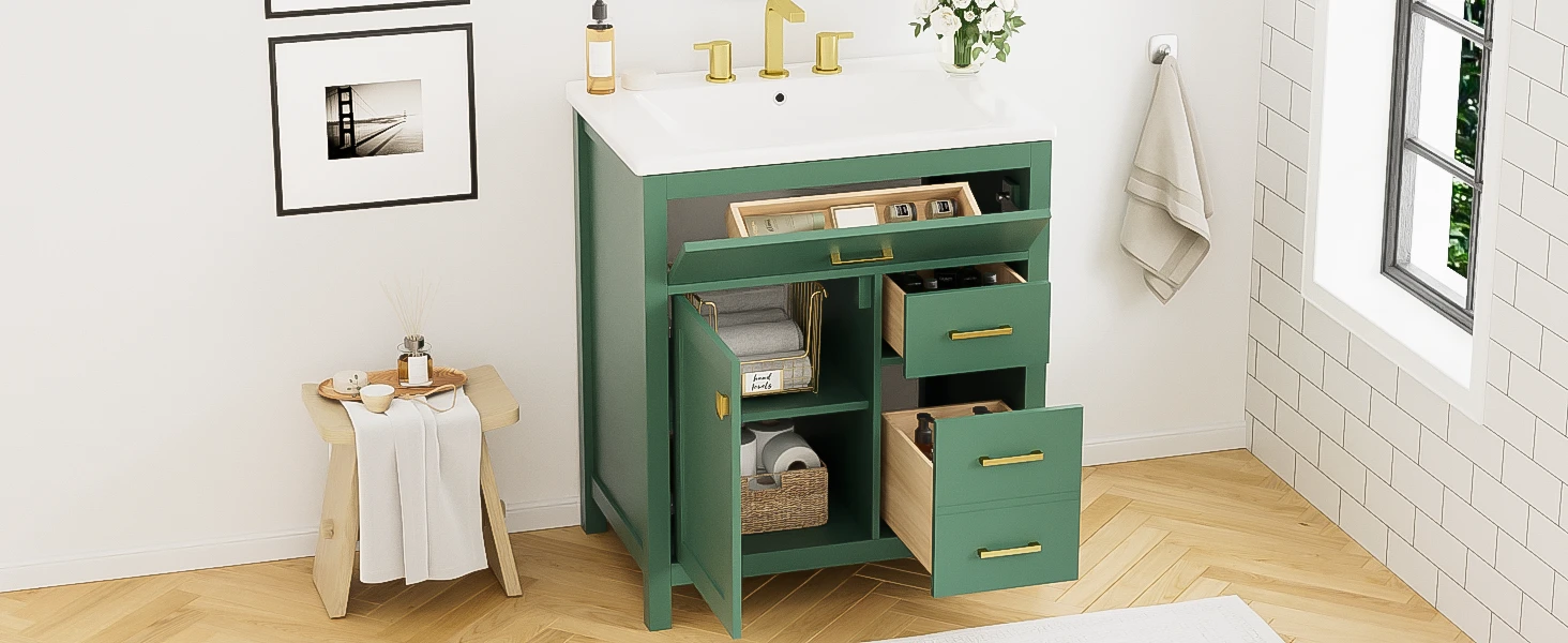 30-Inch Green Bathroom Vanity with Ceramic Sink and Ample Storage - Ideal Choice for Small Bathrooms by eprolo