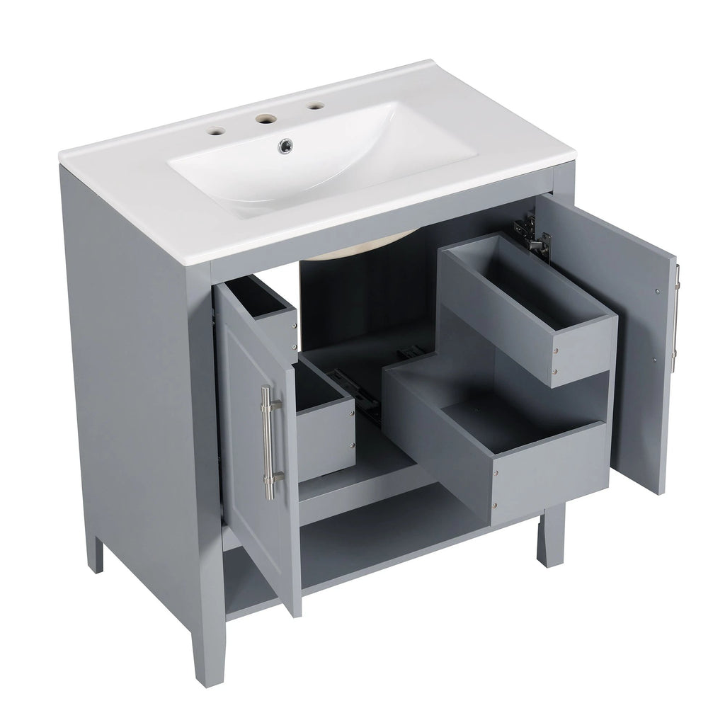 30" Bathroom Vanity with Sink, Multi-functional Bathroom Cabinet with Doors and Drawers, Solid Frame and MDF Board, Grey by eprolo