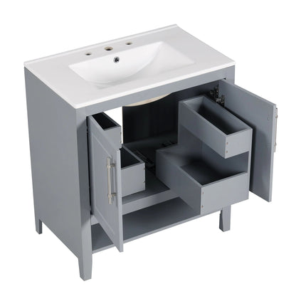 30" Bathroom Vanity with Sink, Multi-functional Bathroom Cabinet with Doors and Drawers, Solid Frame and MDF Board, Grey by eprolo
