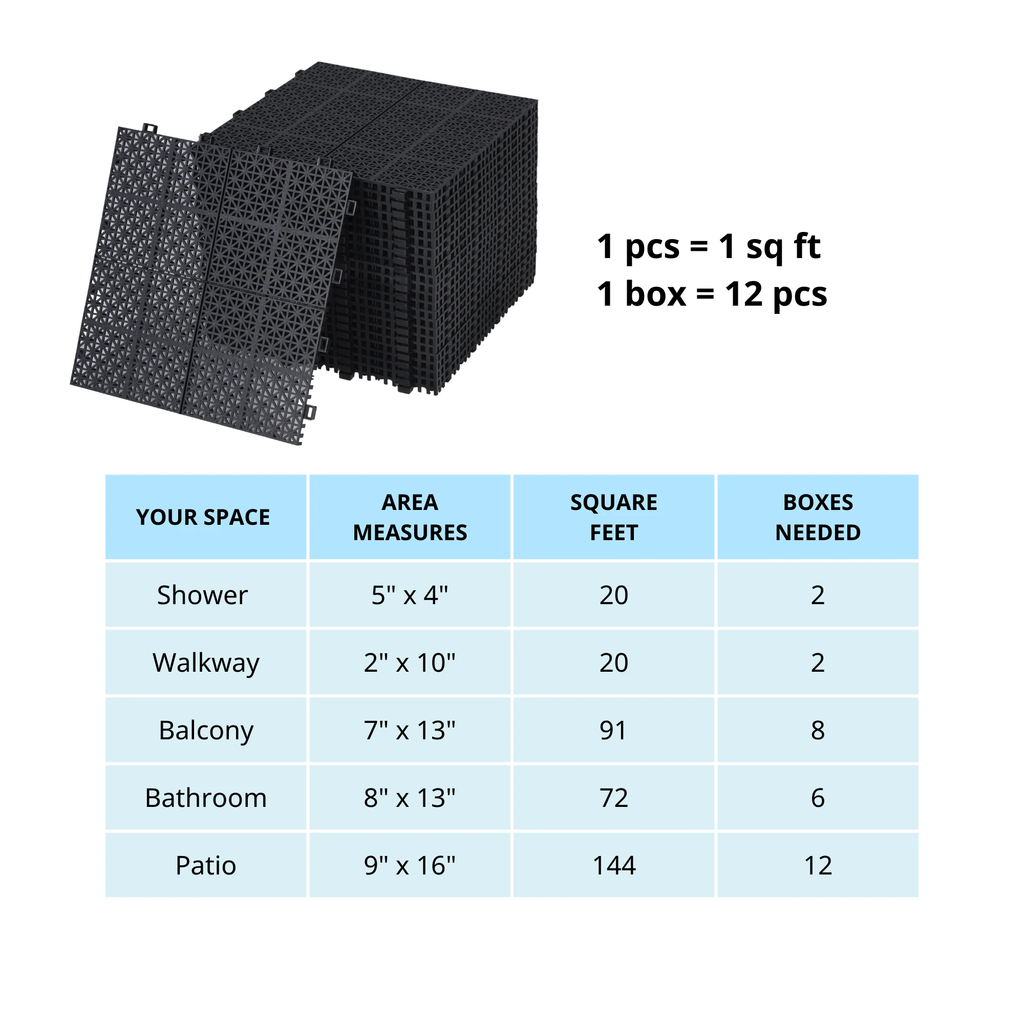 12 x 12 inch black interlocking deck tiles, plastic waterproof, weighing up to 6613 pounds, with a rose pattern pack of 12 by eprolo