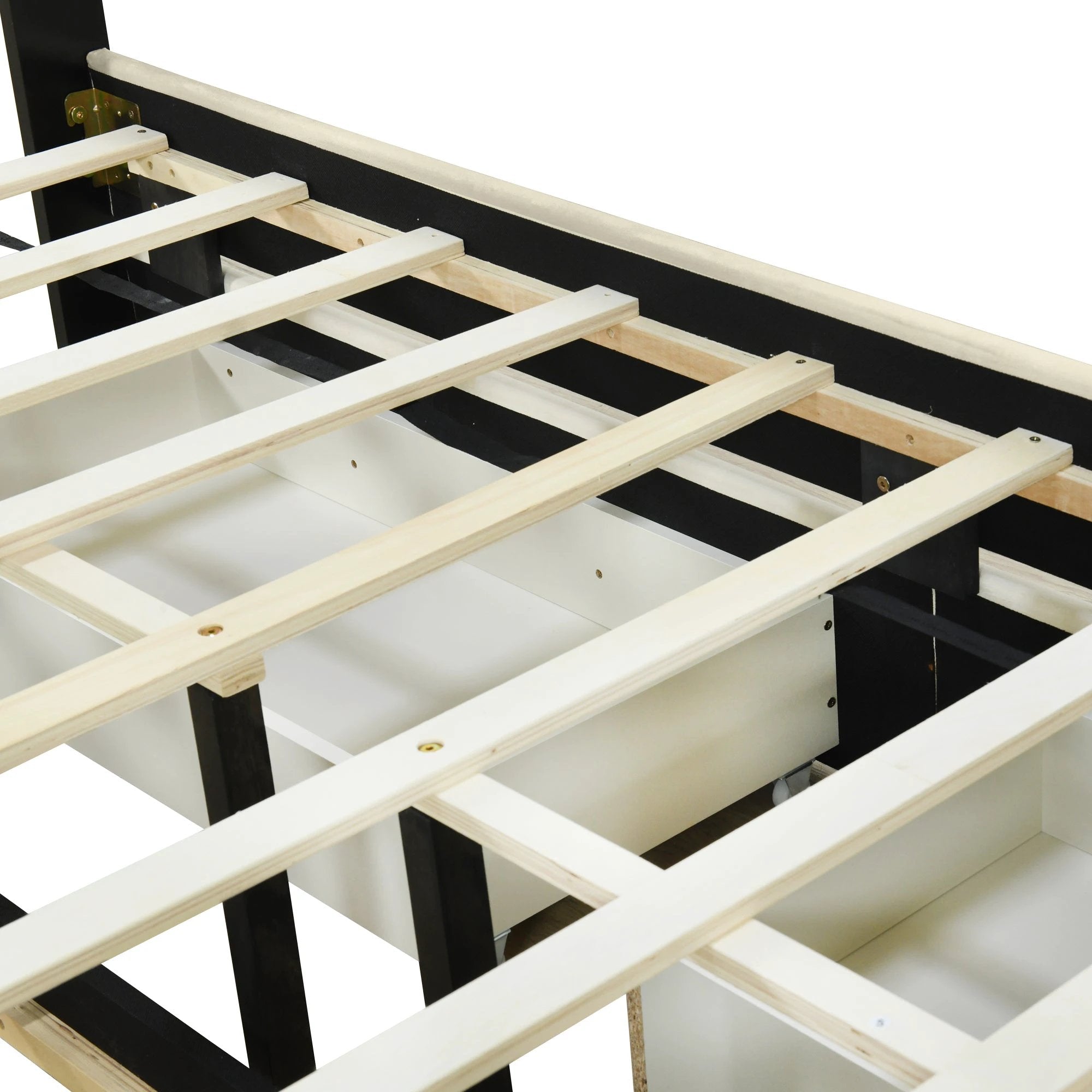 Queen Size Upholstered Platform Bed with 2 Drawers and 1 Trundle, Classic Metal Strip Headboard Design, Beige by eprolo