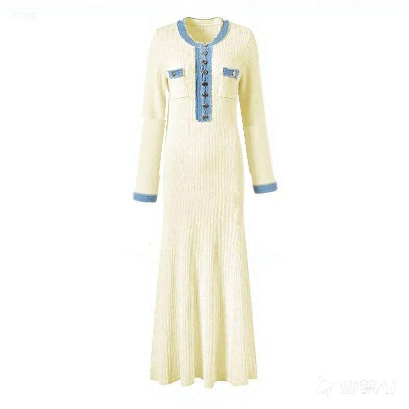 Autumn/Winter New Long Sleeve Denim Knit Maxi Dress, Simple Short Sleeve Long Dress, Slim Fit Sweater Dress V-Neck by eprolo