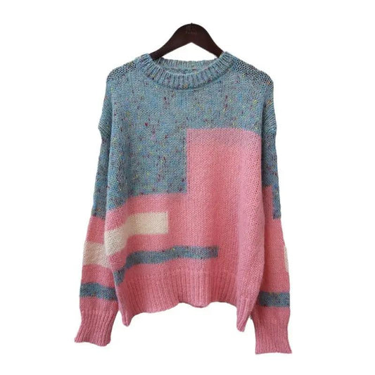 Knit pullover sweater in blue and pink color-blocks, relaxed fit.