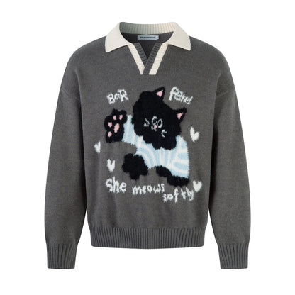 Seagull Collar Cat Jacquard Sweater for Men by eprolo