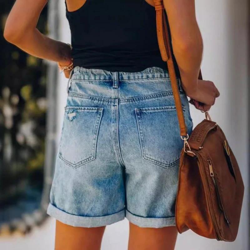 Fashion Street Style Rolled Hem Distressed Straight Leg Women's Denim Shorts by eprolo
