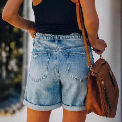 Fashion Street Style Rolled Hem Distressed Straight Leg Women's Denim Shorts by eprolo