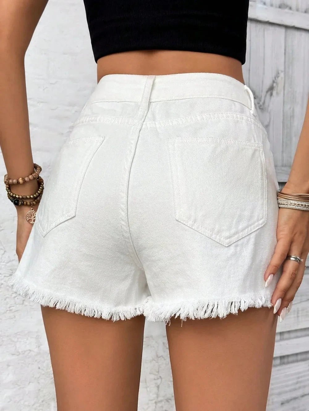 Distressed Raw Hem High Rise Denim Shorts by eprolo