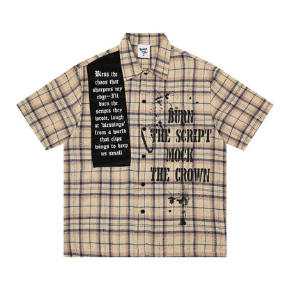 Color blocked plaid short sleeved shirt with lining