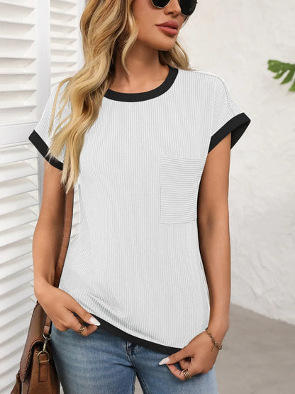 Women's short sleeved T-shirt basic ribbed knit T-shirt