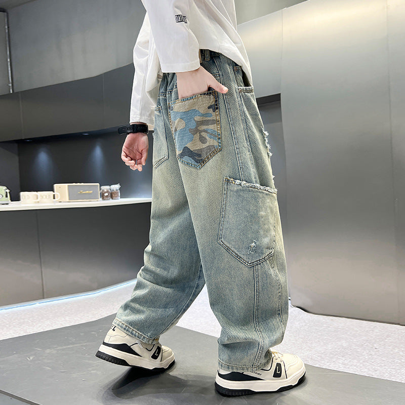 Boys' Casual Denim Jeans Style Loose Straight Leg Long Pants