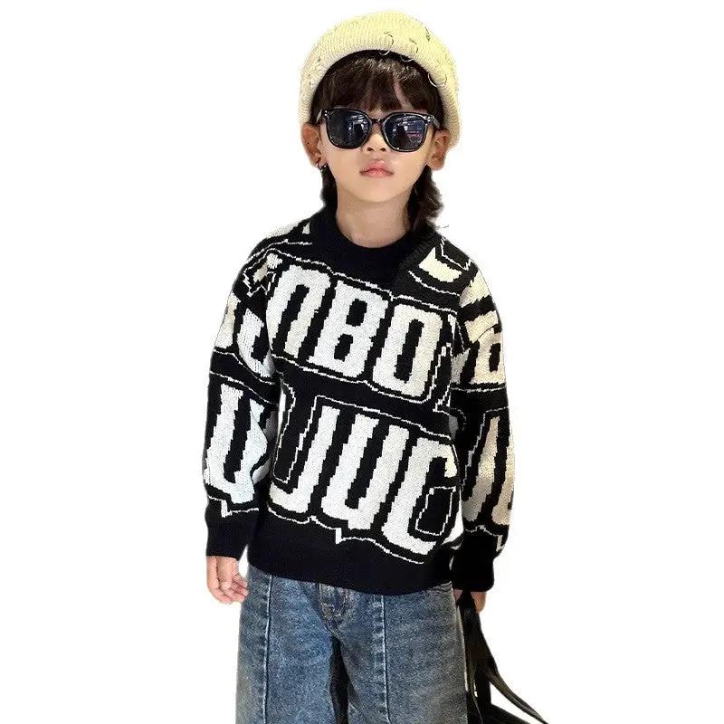 Boys warm thickened knit sweater pullover with bold black-and-white lettering, by eprolo