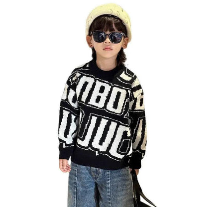 Boys warm thickened knit sweater pullover with bold black-and-white lettering, by eprolo
