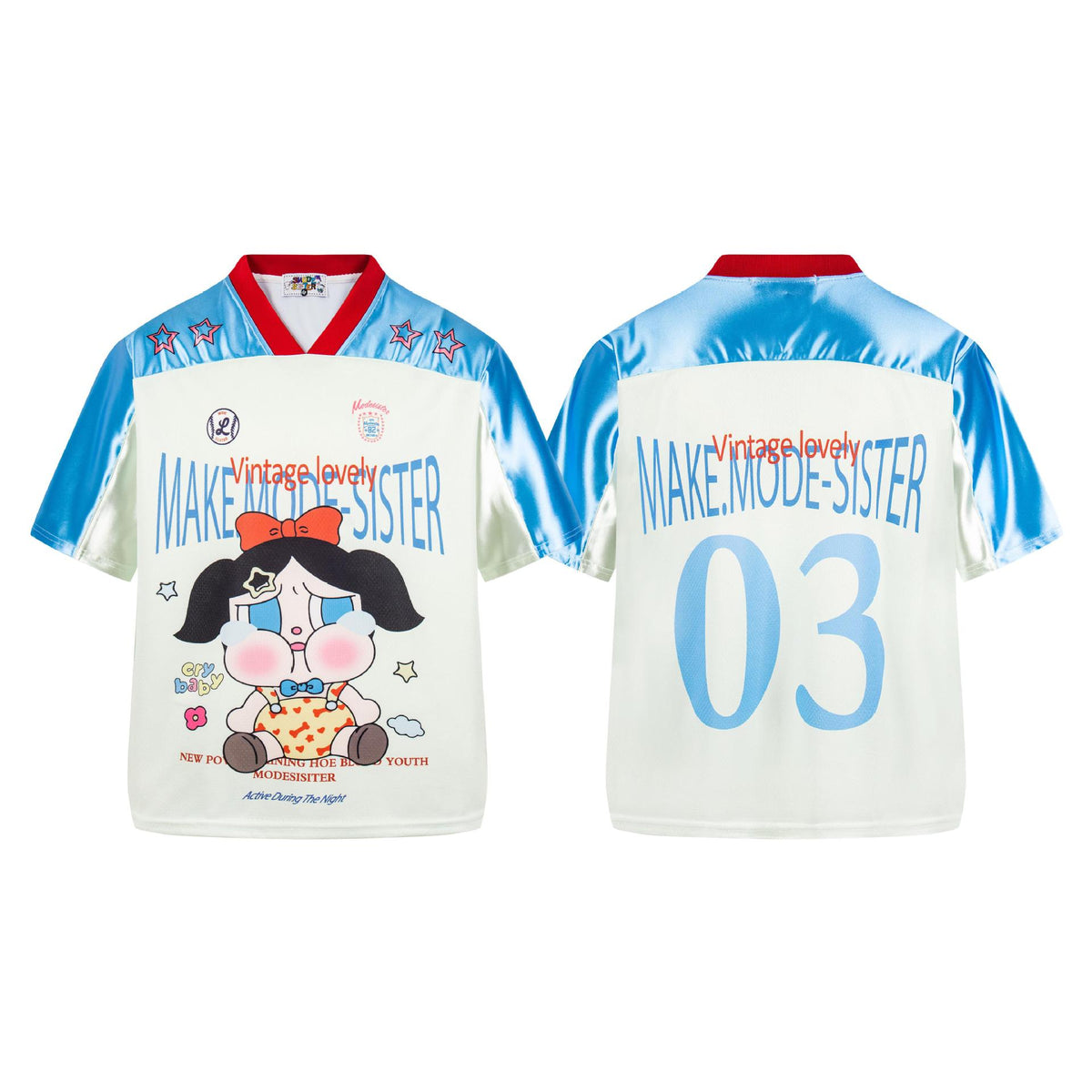 V-neck cartoon printed short sleeved shirt