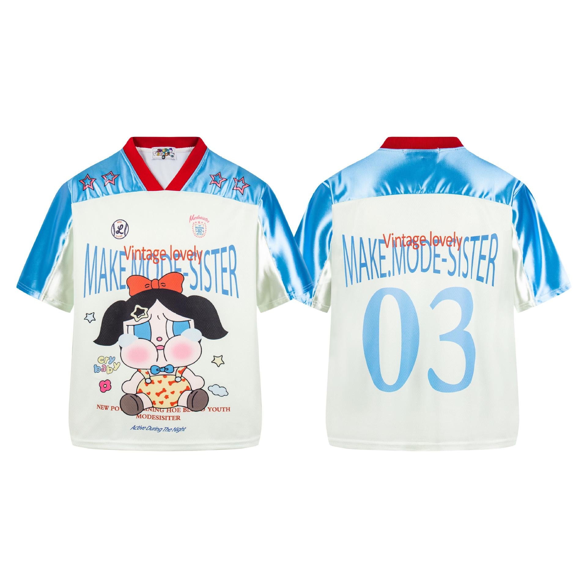 V-neck cartoon printed short sleeved shirt