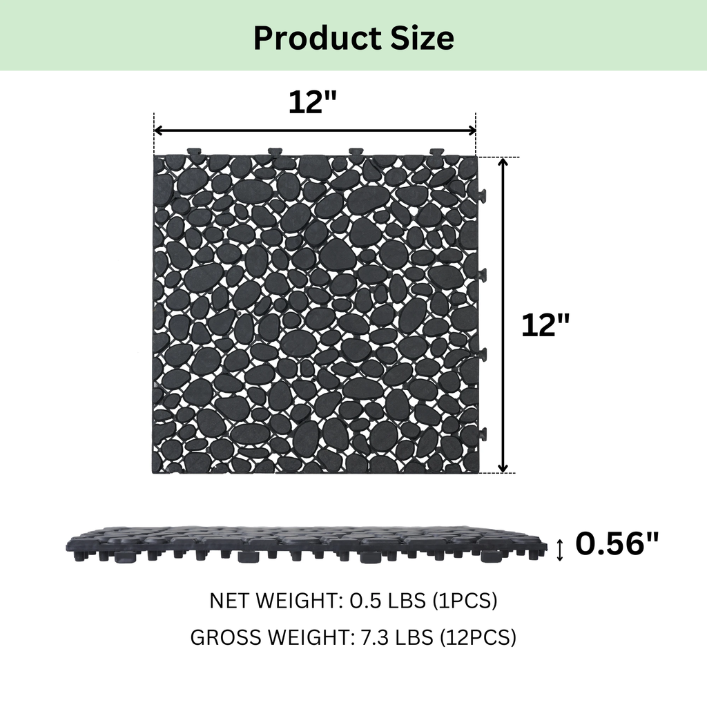 12 x 12 inch black interlocking deck tiles, plastic waterproofing, pebble pattern, pack of 12 by eprolo
