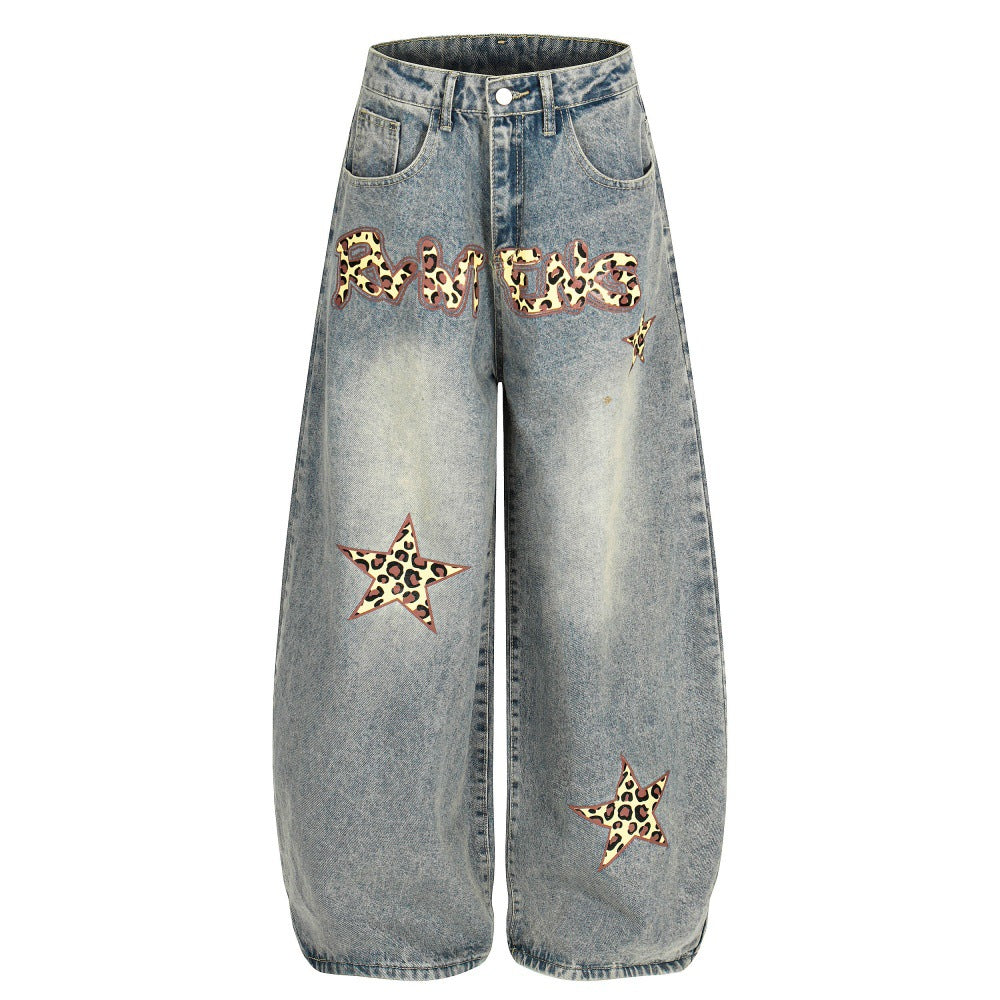 Leopard print letter curved knife jeans