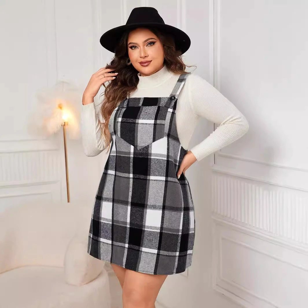 Oversized Fall Dresses For Women V Neck Plaid Sleeveless Wide Straps Casual Pockets Pinafore Mini Overall Bridesmaid Dresses by eprolo