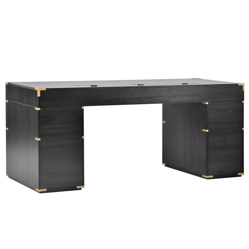 70 inch classic and traditional executive desk with metal trim, writing desk with 2 file drawers, USB ports, and sockets, black by eprolo