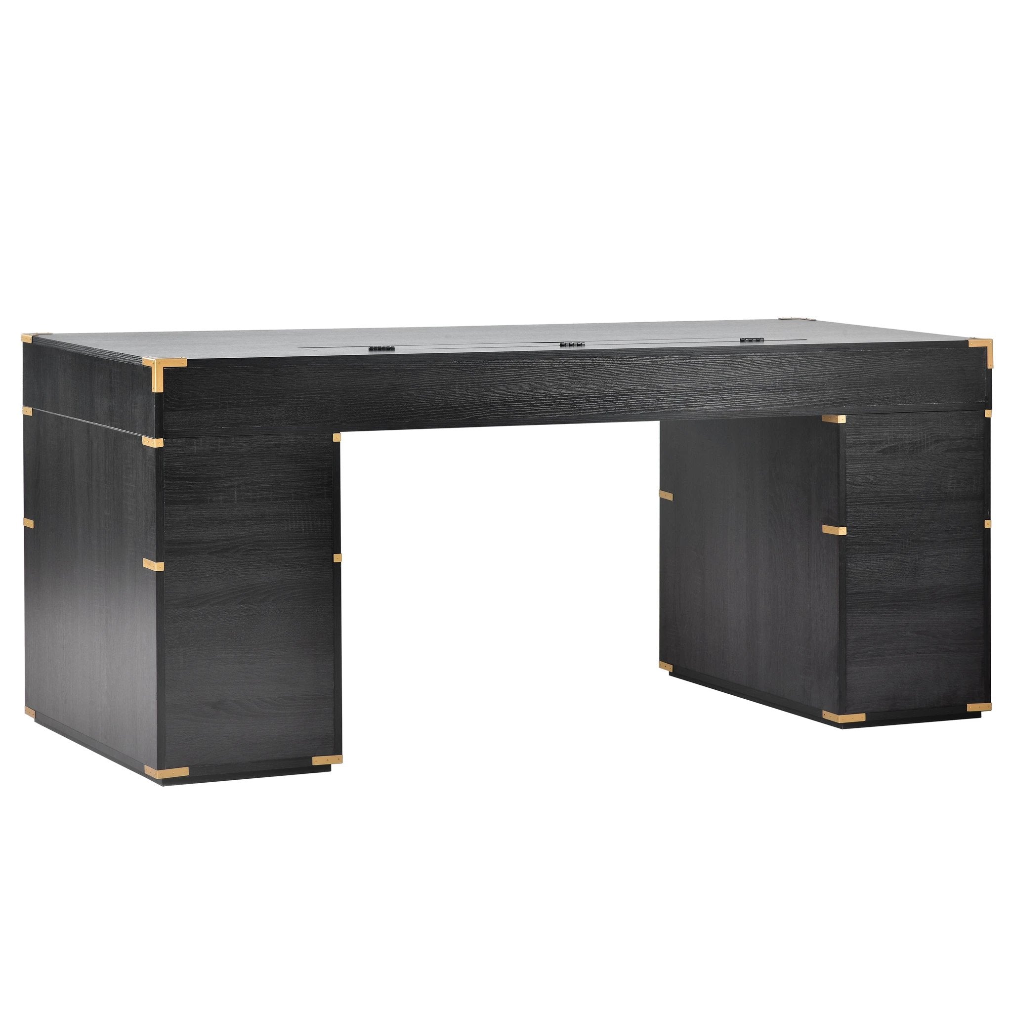 70 inch classic and traditional executive desk with metal trim, writing desk with 2 file drawers, USB ports, and sockets, black by eprolo
