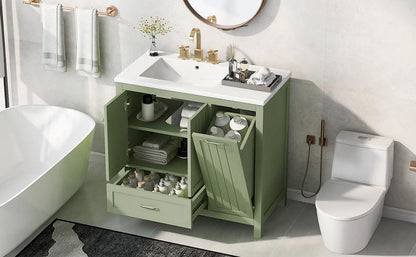 36 inch bathroom vanity with sink, one double door cabinet one large drawer and one flip drawer solid wood and MDF board, green by eprolo