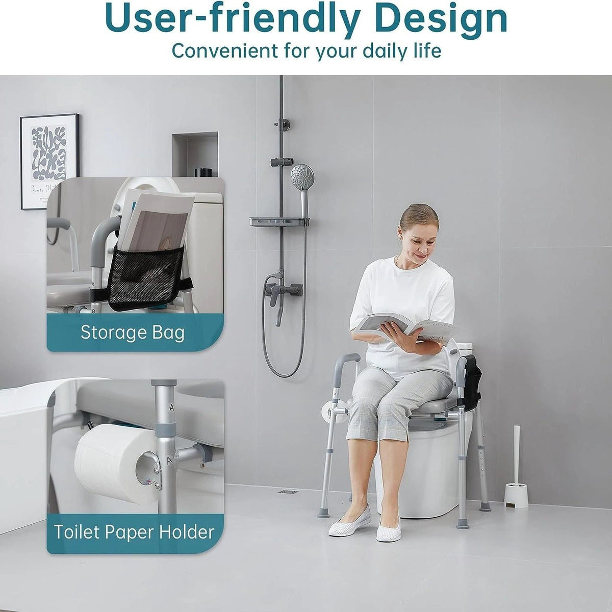 Four-in-One Toilet Chair with Safety Handle, Height-Adjustable Backrest, Commode Chair, Shower Bath Chair by eprolo