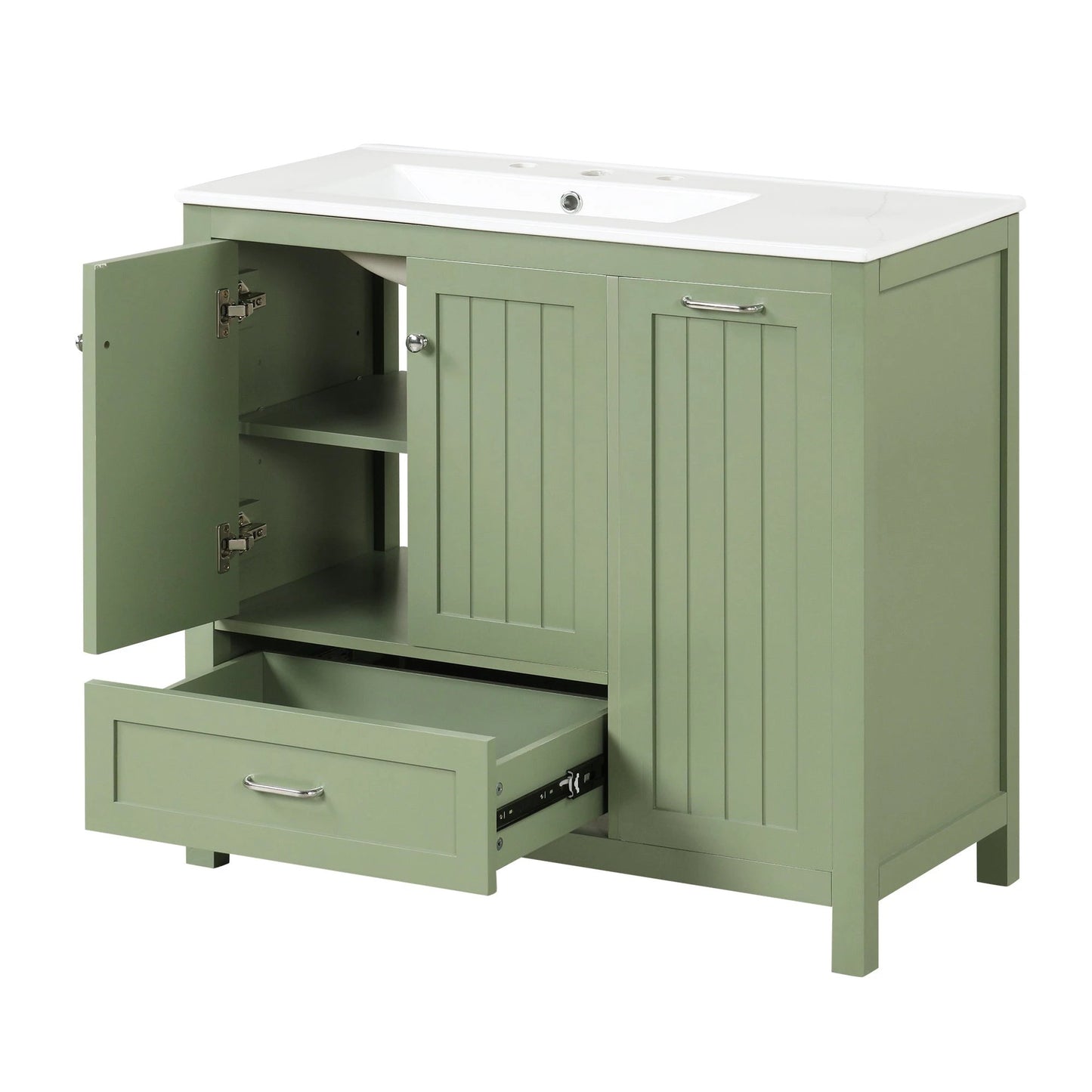 36 inch bathroom vanity with sink, one double door cabinet one large drawer and one flip drawer solid wood and MDF board, green by eprolo