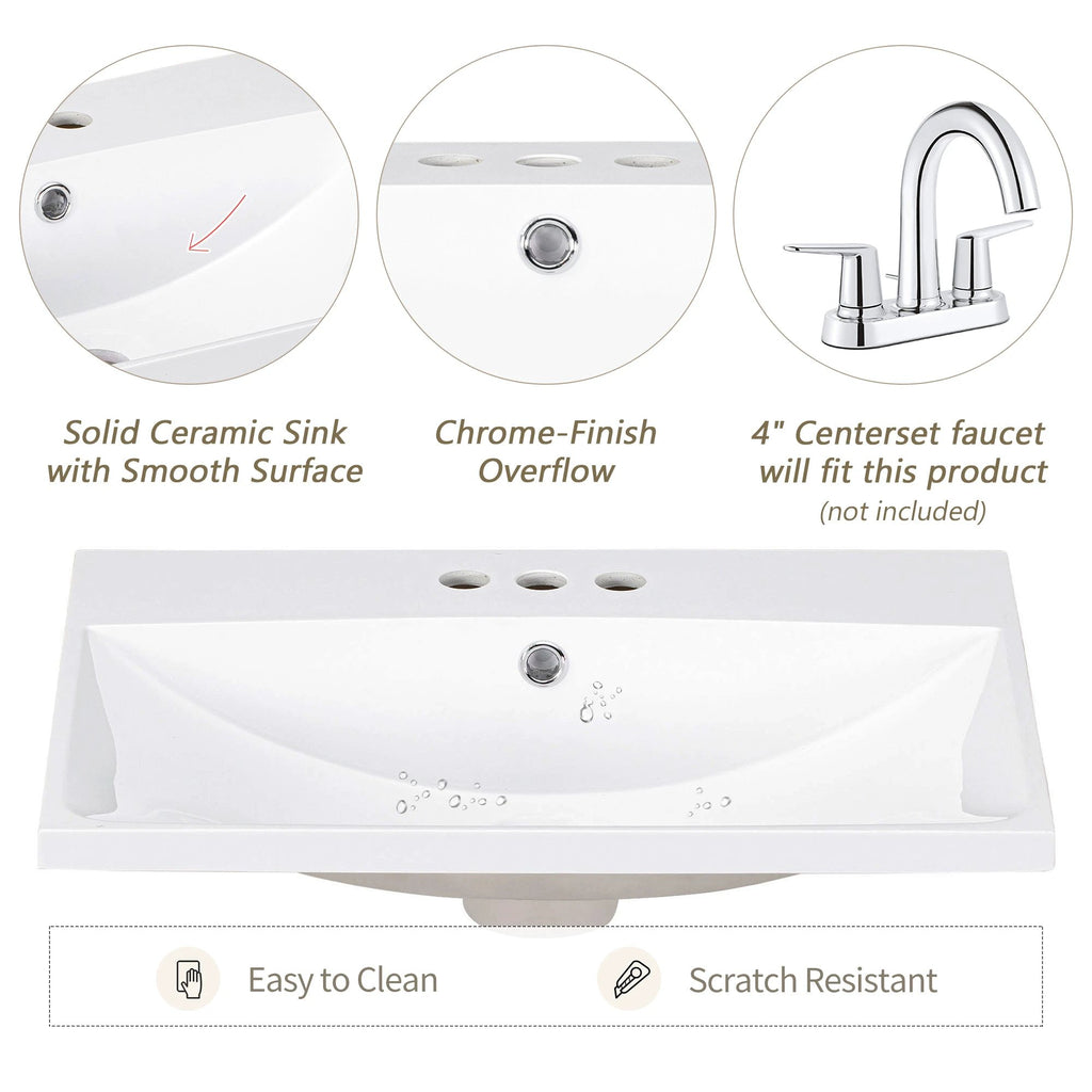 24" White Modern Sleek Bathroom Vanity Elegant Ceramic Sink with Solid Wood Frame Open Style Shelf by eprolo