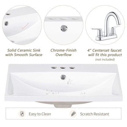 24" White Modern Sleek Bathroom Vanity Elegant Ceramic Sink with Solid Wood Frame Open Style Shelf by eprolo