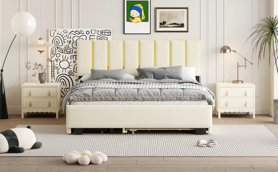 Queen Size Upholstered Platform Bed with 2 Drawers and 1 Trundle, Classic Metal Strip Headboard Design, Beige by eprolo