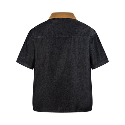 Dog embroidered denim short sleeved shirt