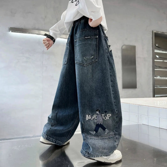 Jeans by eprolo, boys' straight wide-leg denim for daily wear; blue distressed denim with graphic patch.