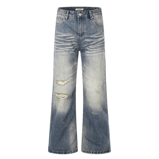 Whitewashed ripped denim micro pull pants