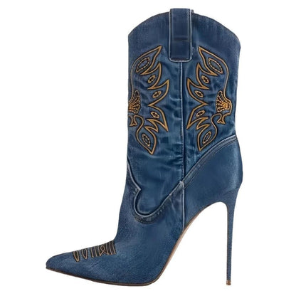 Western cowboy style high heels, pointed high heels, embroidered short tube, slim and sexy knight boots, fashion boots for women by eprolo