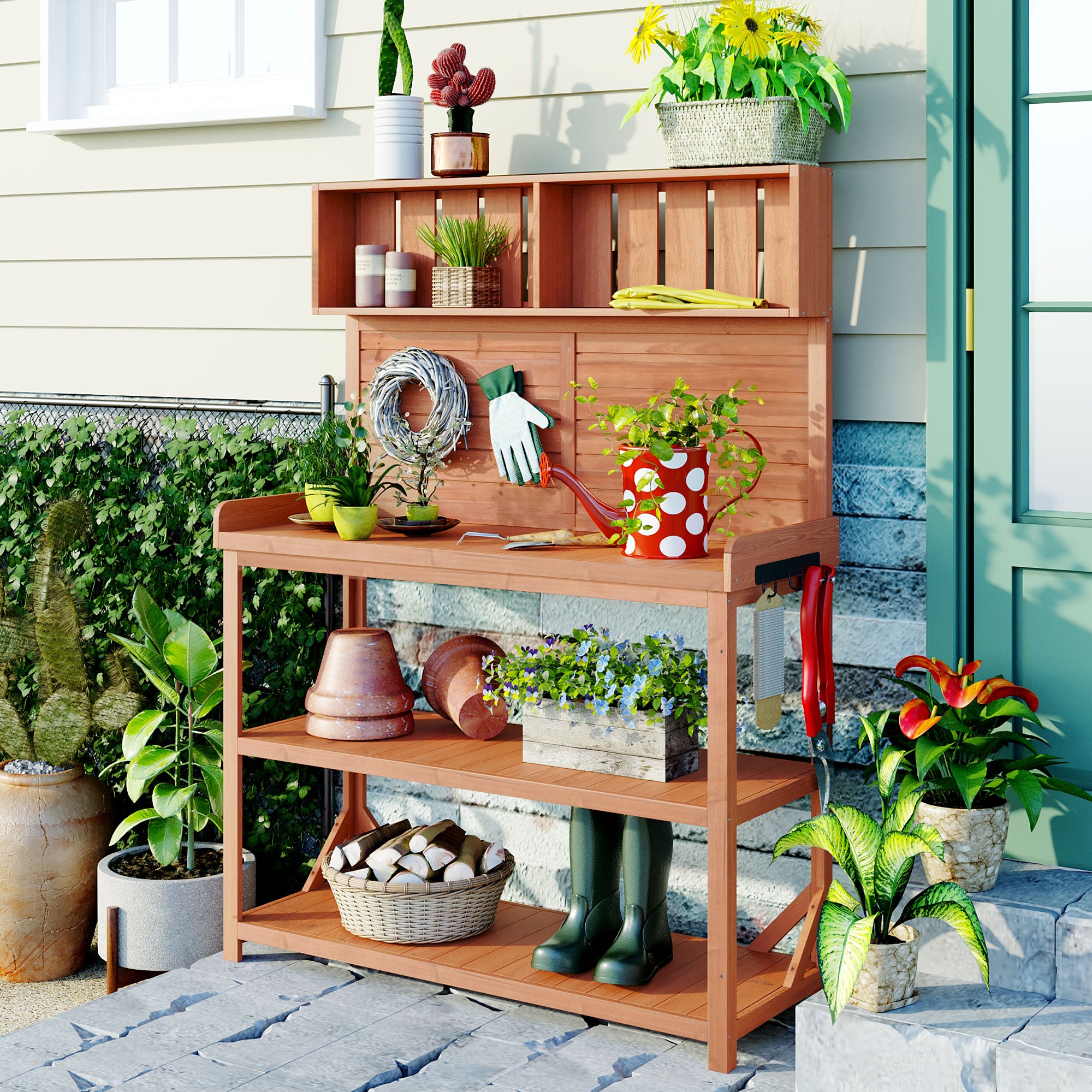 Table de rempotage de jardin rustique de ferme en bois de 65 po avec 4 étagères de rangement et crochet latéral, naturelle