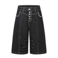 Color blocking stitching pocket workwear straight leg button open five quarter pants