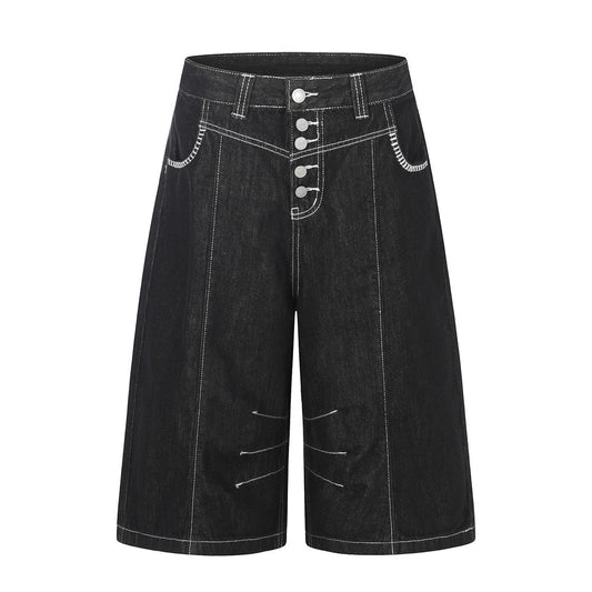Color blocking stitching pocket workwear straight leg button open five quarter pants