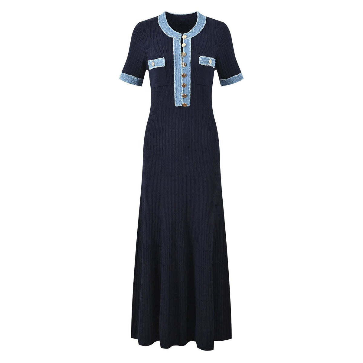Long Sleeve Knit Dress with V-Neck, Fitted Waist, Denim Ribbed Pattern by eprolo