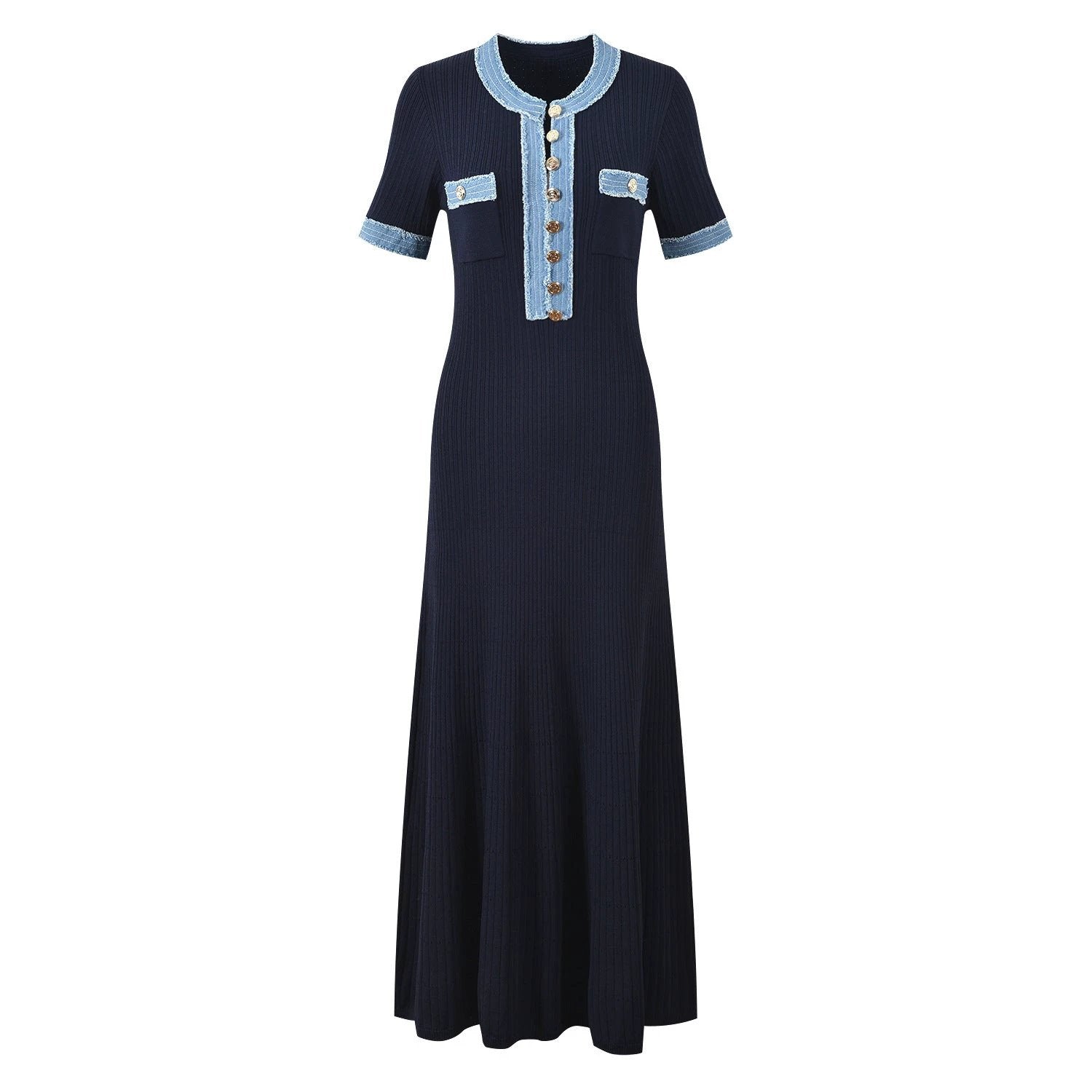 Long Sleeve Knit Dress with V-Neck, Fitted Waist, Denim Ribbed Pattern by eprolo