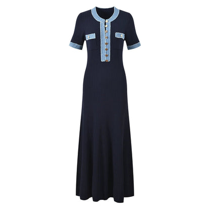 Long Sleeve Knit Dress with V-Neck, Fitted Waist, Denim Ribbed Pattern by eprolo