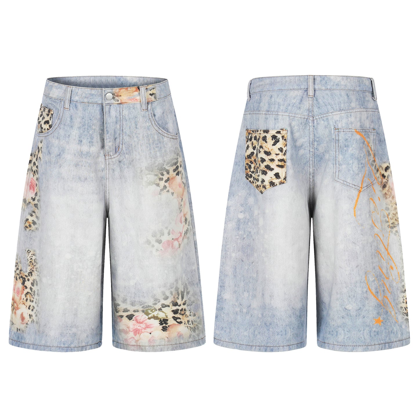Pantalones cortos unisex de mezclilla con estampado de leopardo, pierna ancha suelta, estilo urbano lavado y desgastado, de longitud media