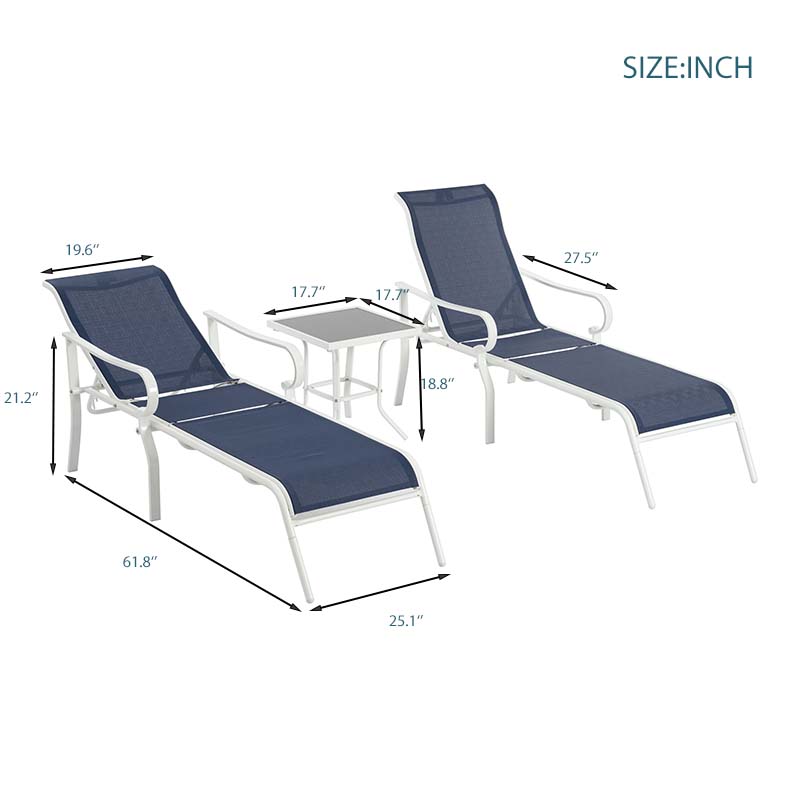 Ensemble de 3 chaises longues de terrasse, chaise longue d'extérieur avec 5 dossiers réglables, cadre en acier robuste, blanc bleu