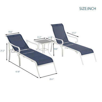 Ensemble de 3 chaises longues de terrasse, chaise longue d'extérieur avec 5 dossiers réglables, cadre en acier robuste, blanc bleu