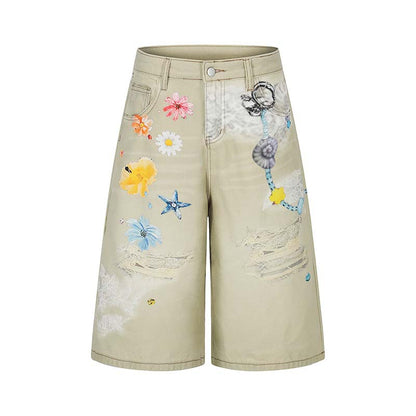 Flower Hanging Decoration 3D Digital Printing Washed Denim Cropped Pants