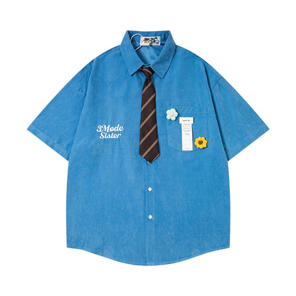 Dopamine brooch flower embroidered shirt