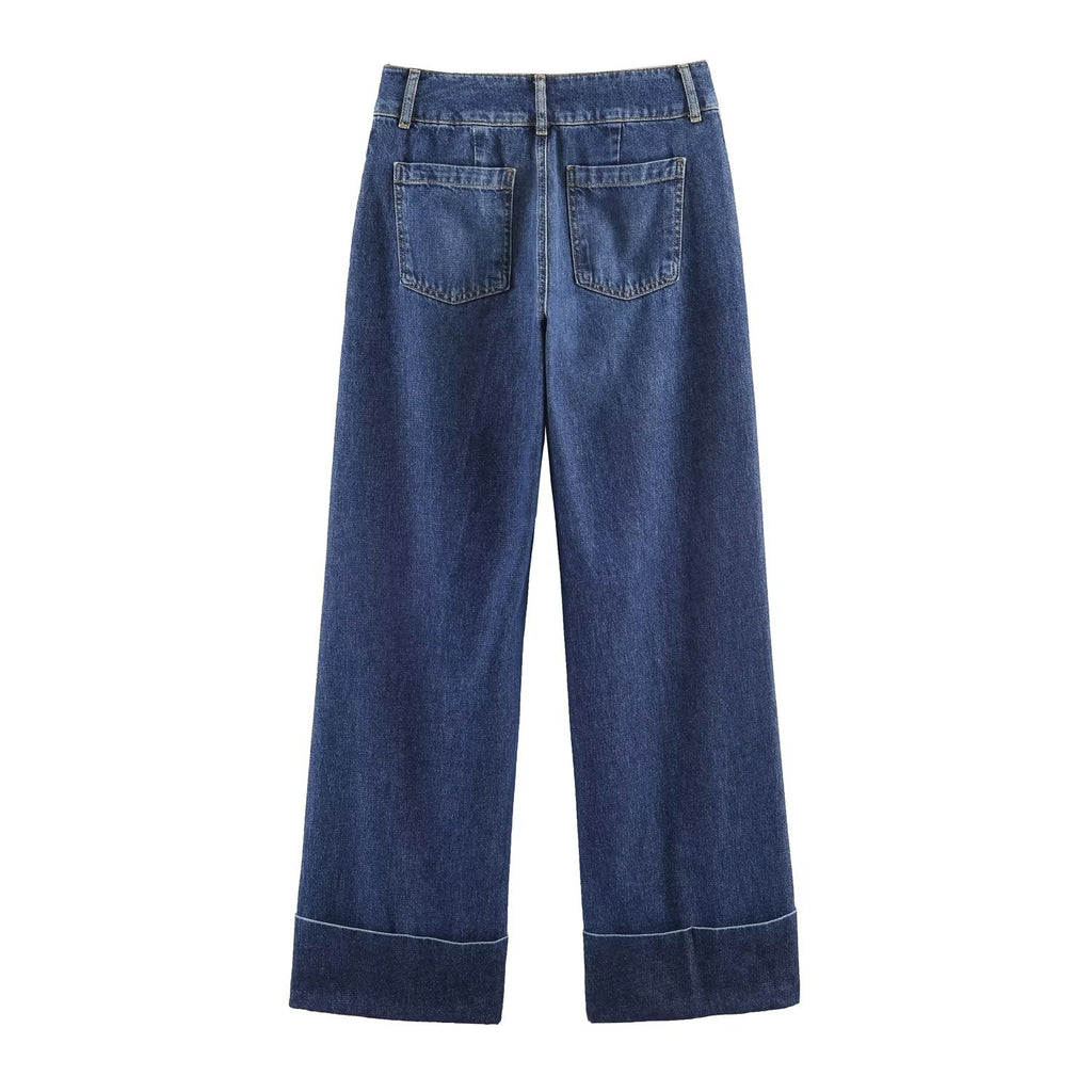 Straight tube loose low waist rolled hem jeans